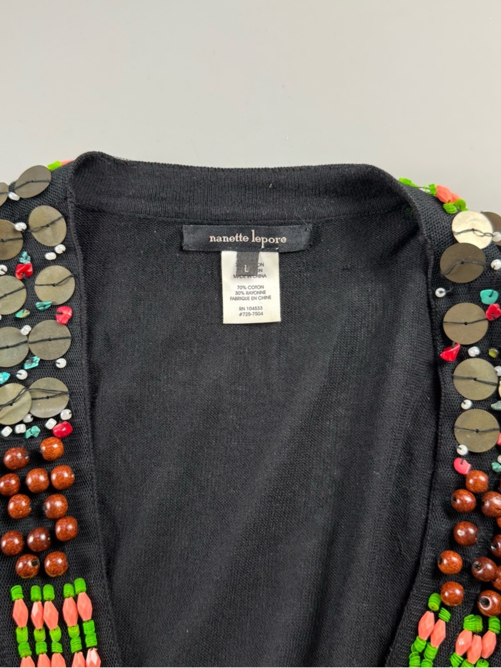 Nanette Lepore 1000 Temple Open-Front Beaded Cardigan Sweater Black Large Boho - Picture 6 of 9
